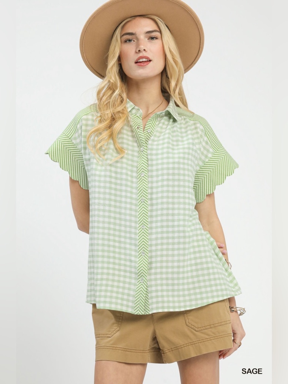 Umgee Mixed Gingham Shirt 💚Sage Green Short Sleeve Button Down | Casual Chic